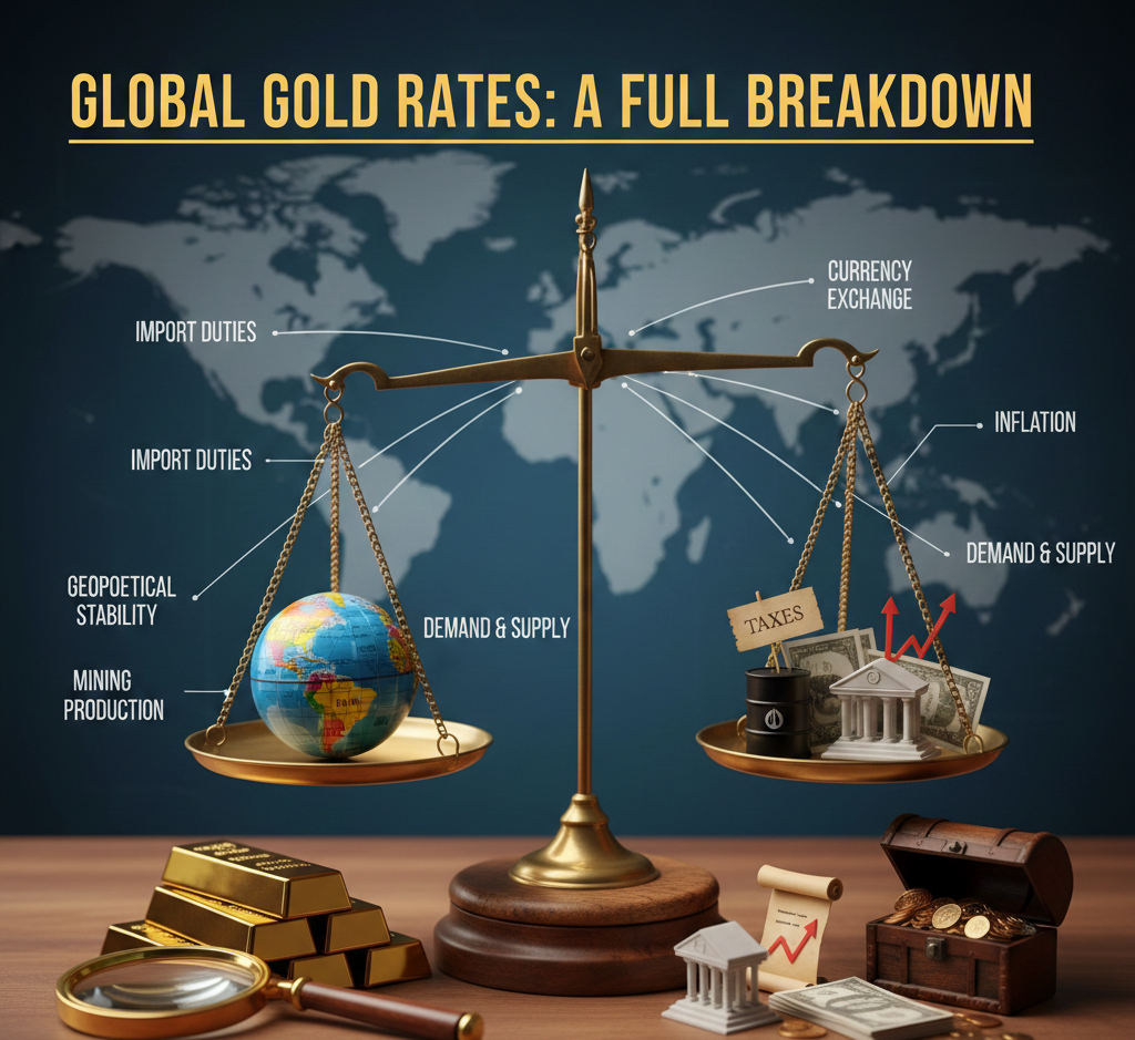 Map showing gold price variations across different countries due to currency value, import duty, and demand