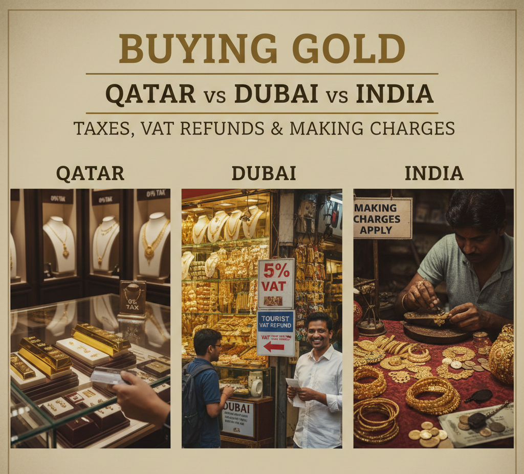Comparison chart showing gold prices, taxes, and making charges in Qatar, India, and Dubai