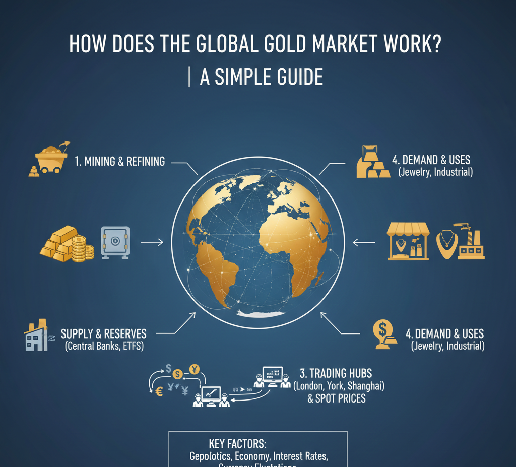 Simple diagram showing how the global gold market works including mining, trading, pricing and investors