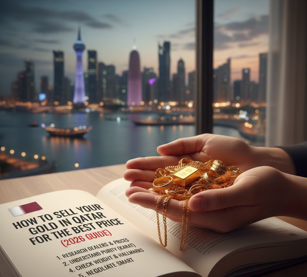 Person selling gold jewelry in Qatar while checking purity, weight, and live gold rate for best price