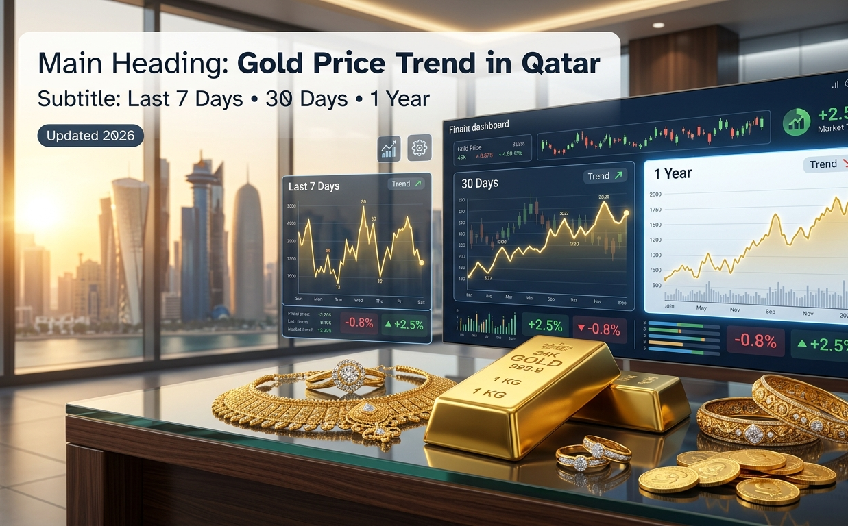 Gold price trend in Qatar showing 7-day, 30-day, and 1-year gold price charts