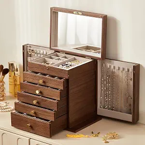 CHOSIN Black Walnut Wooden Jewelry Box for Women with Lock, Mirror, 6 Layer